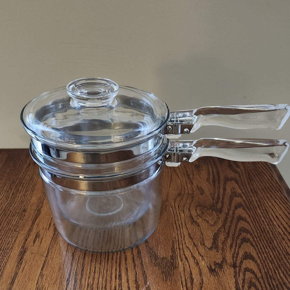 Vintage Pyrex Flameware Double Boiler Complete with Lid 6283 3pc Clear Glass